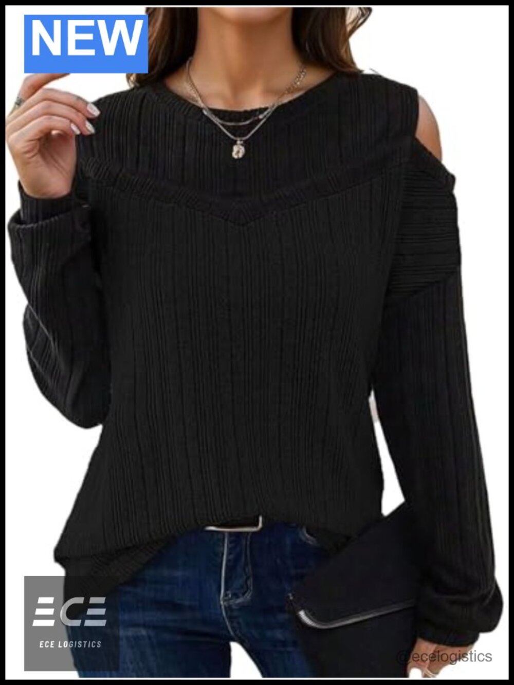 Cold Shoulder Cut Out Rib Knit Color Block Long Sleeve Top for Women